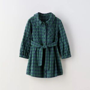 NWT Zara 18-24m textured gingham button up long sleeve dress, collar, sash tie